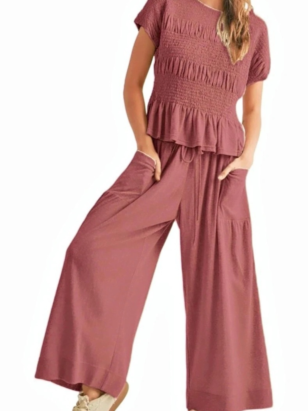 Smocked Wide Leg Set in Pink Size Large Like New